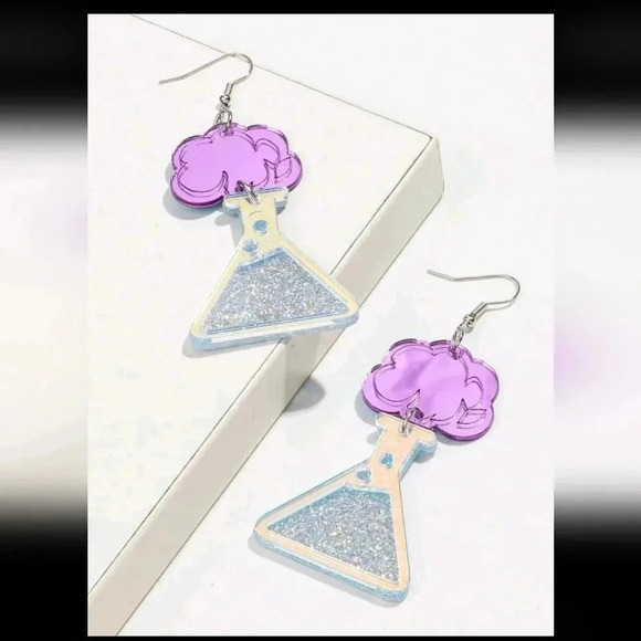 Women's silver sparkle dangle earrings Chemistry science teacher purple blue - Picture 3 of 7